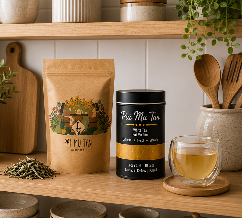 Pai Mu Tan Leo Tea – biała herbata liściasta w puszce i opakowaniach doypack